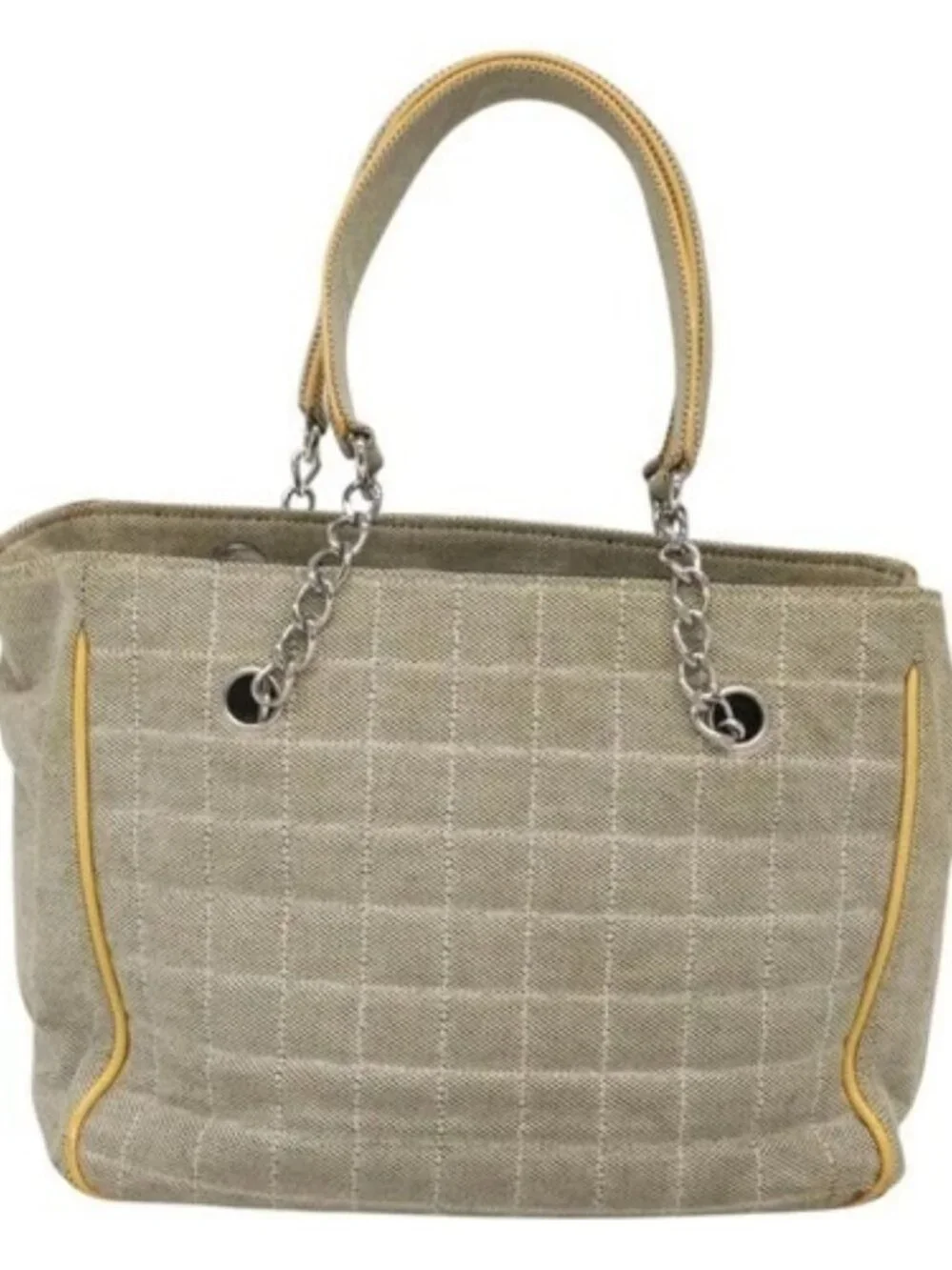 CHANEL Choco Bar Tote Bag Canvas Beige Yellow CC Auth 116301